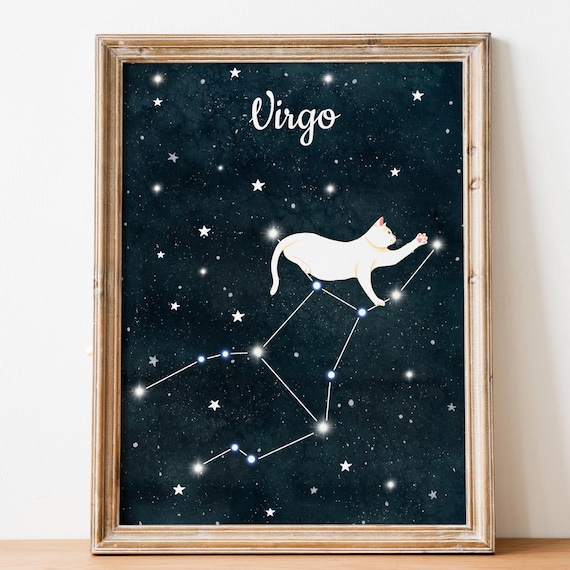 Virgo Zodiac White Cat Constellation Starry Night Sky Poster