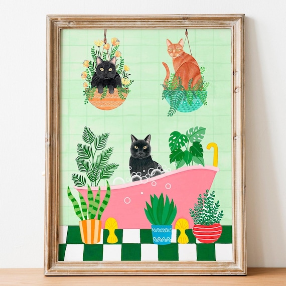 Funny Black Cat Bathroom Poster, Toilet Decor Print