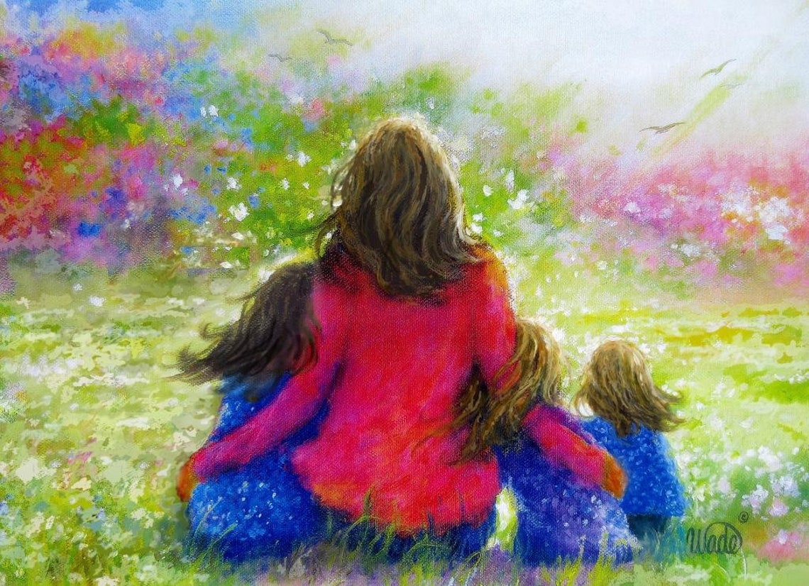 Mother with Three Daughters Sitting in a Blooming Garden Meadow Poster