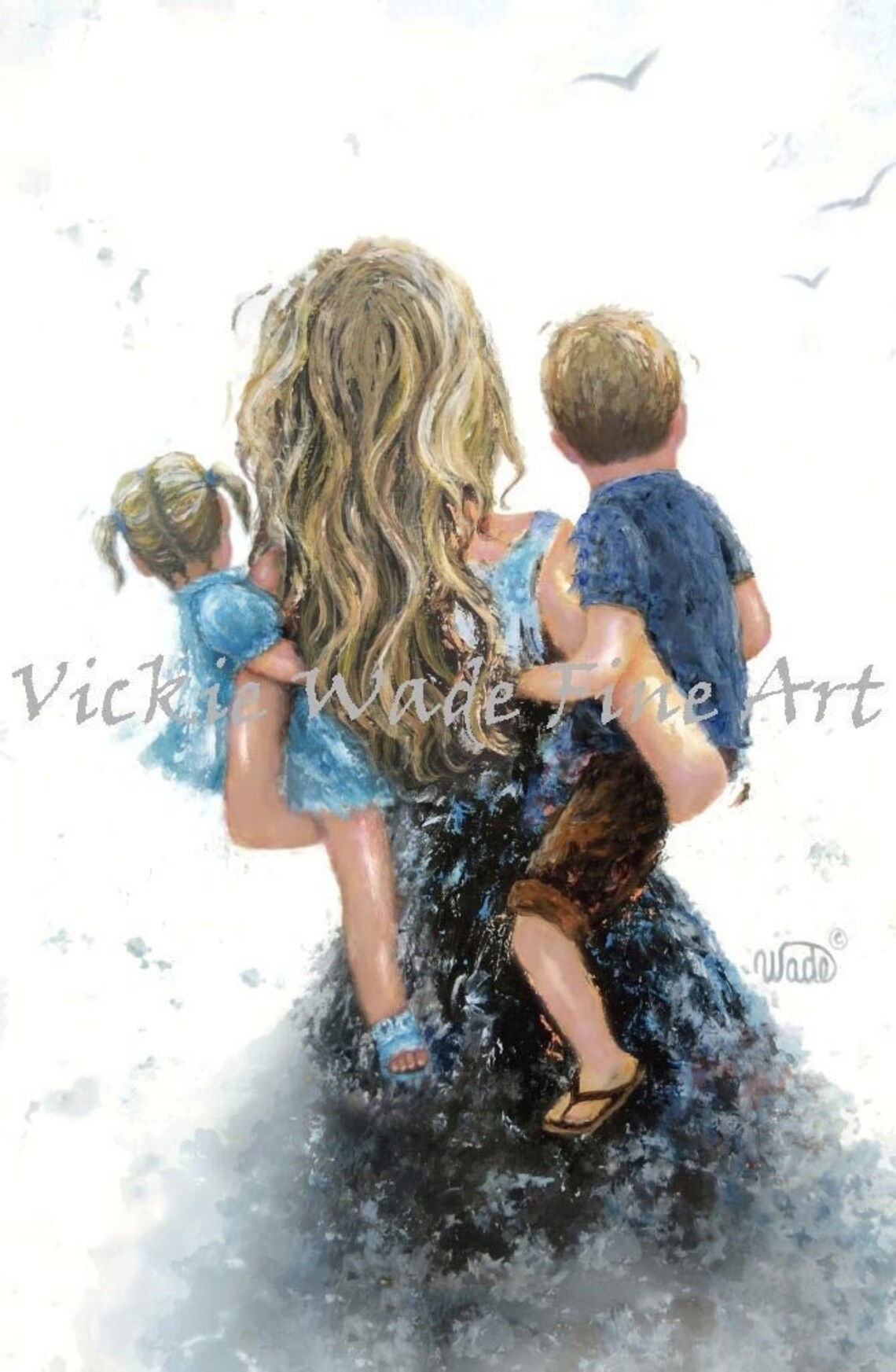 Blonde Mother Carrying Her Little Son and Daughter from Behind Poster