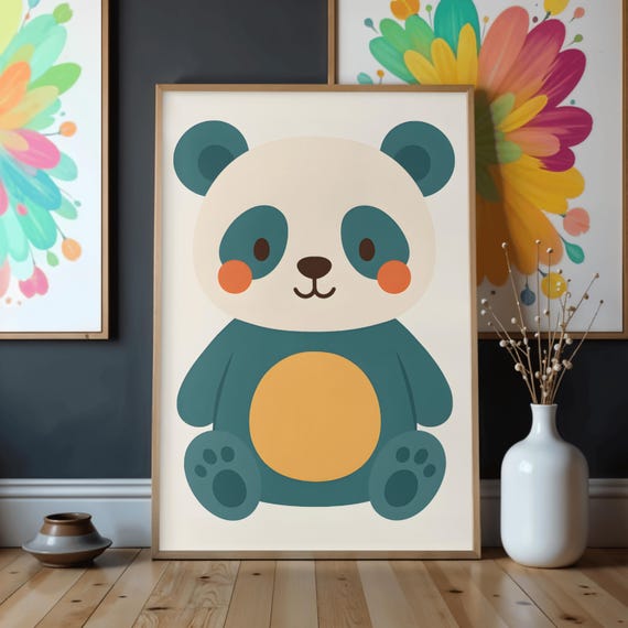 Cute Panda Nursery Wall Art Minimal Illustration Kids Room Animal Print Modern Baby Decor Soft Color