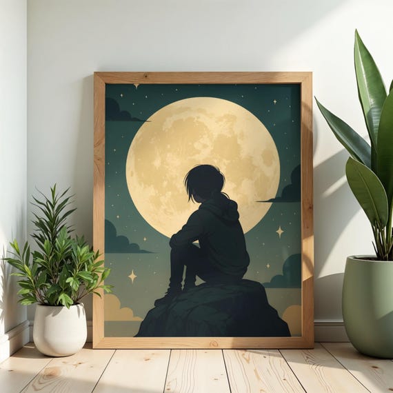 Moonlit Silhouette Wall Art Dreamy Night Sky Print Celestial Moon Poster Atmospheric Minimalist Decor