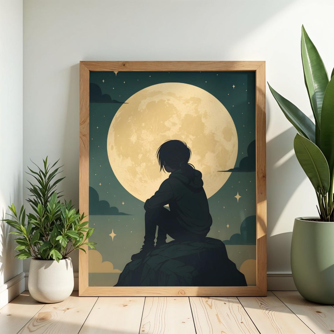 Moonlit Silhouette Wall Art Dreamy Night Sky Print Celestial Moon Poster Atmospheric Minimalist Decor