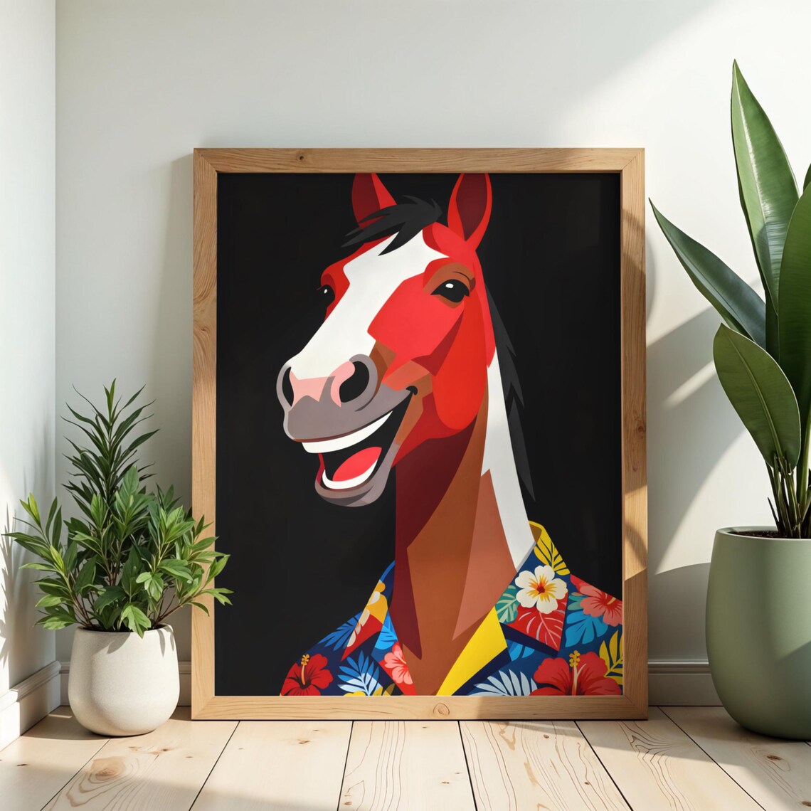 Laughing Horse in Hawaiian Shirt Funny Colorful Pop Art Animal Poster