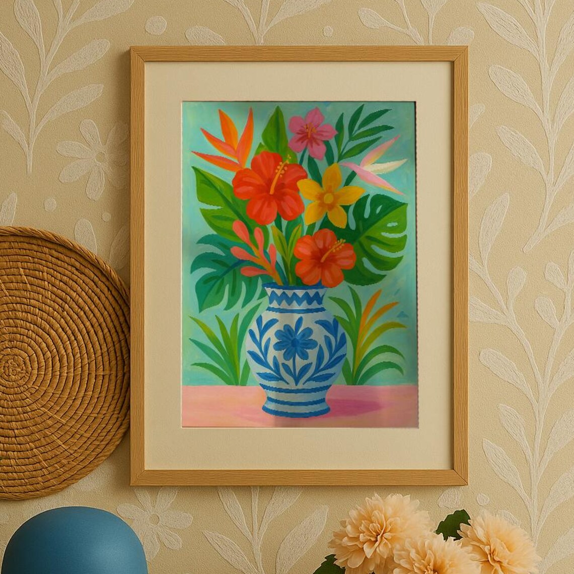 Tropical Hibiscus Floral Poster Blue Patterned Vase Botanical Folk Art Decor