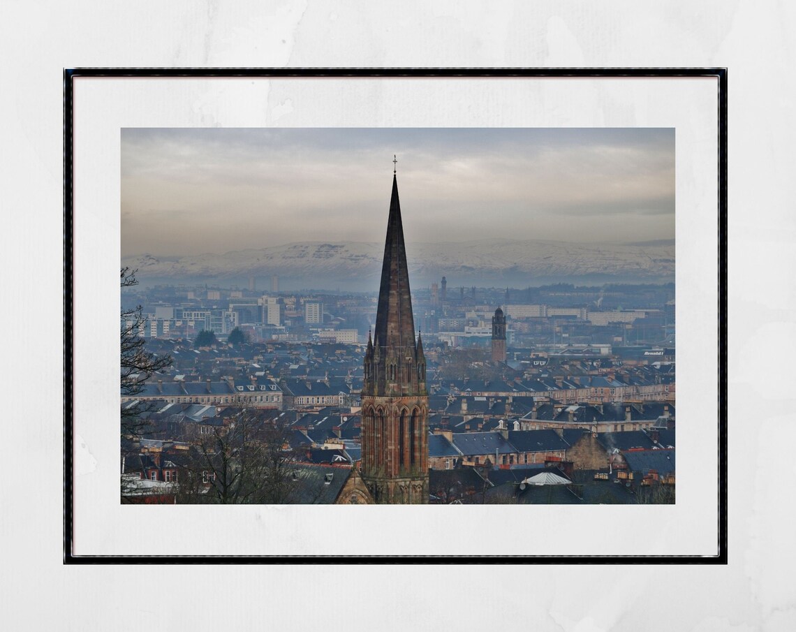 Glasgow Queens Park Church Spire City Skyline Snowy Hills Poster