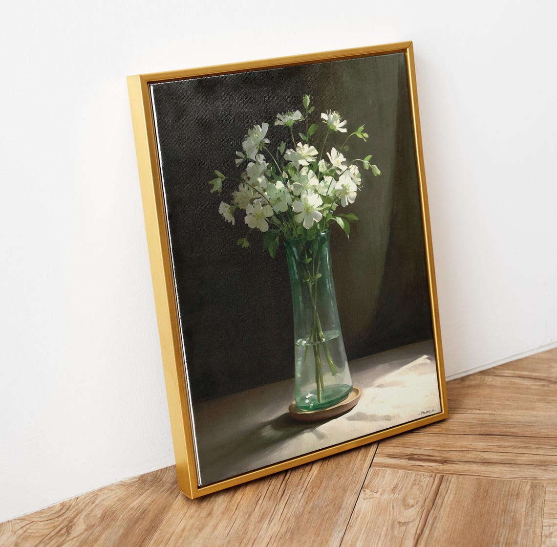 White Wildflowers In Glass Vase Dark Green Moody Still Life Art Poster - Image 5