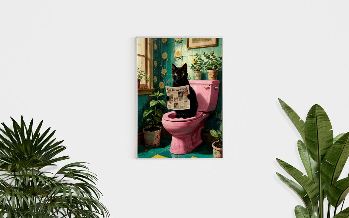 Black Cat Reading Newspaper on Pink Toilet Funny Bathroom Cat Wall Art - Image 3