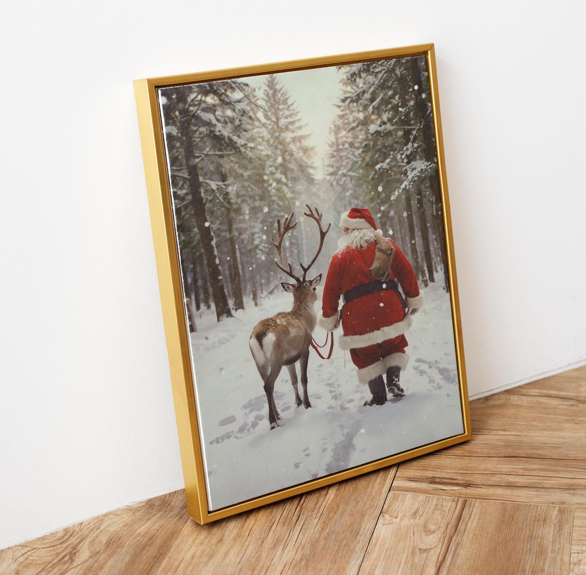 Santa Claus Walking with Reindeer in Snowy Forest Christmas Art Poster - Image 6