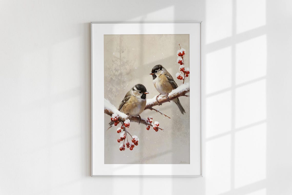 Two Winter Birds on Snowy Branch with Red Berries Bird Wall Art Print - Image 6