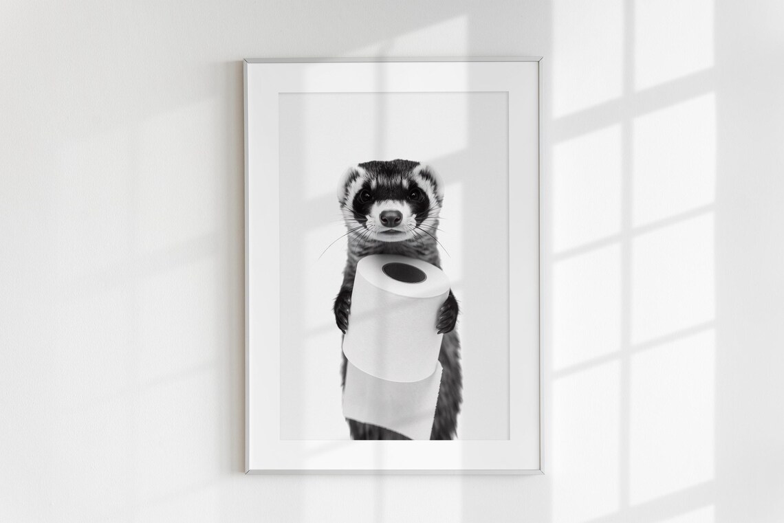 Ferret Holding Toilet Paper Black And White Funny Bathroom Art Poster - Image 6