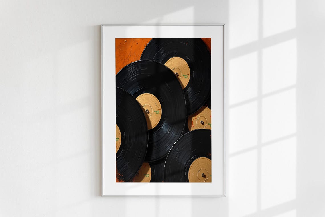 Overlapping Black Vinyl Records Beige Labels Burnt Orange Music Poster - Image 6