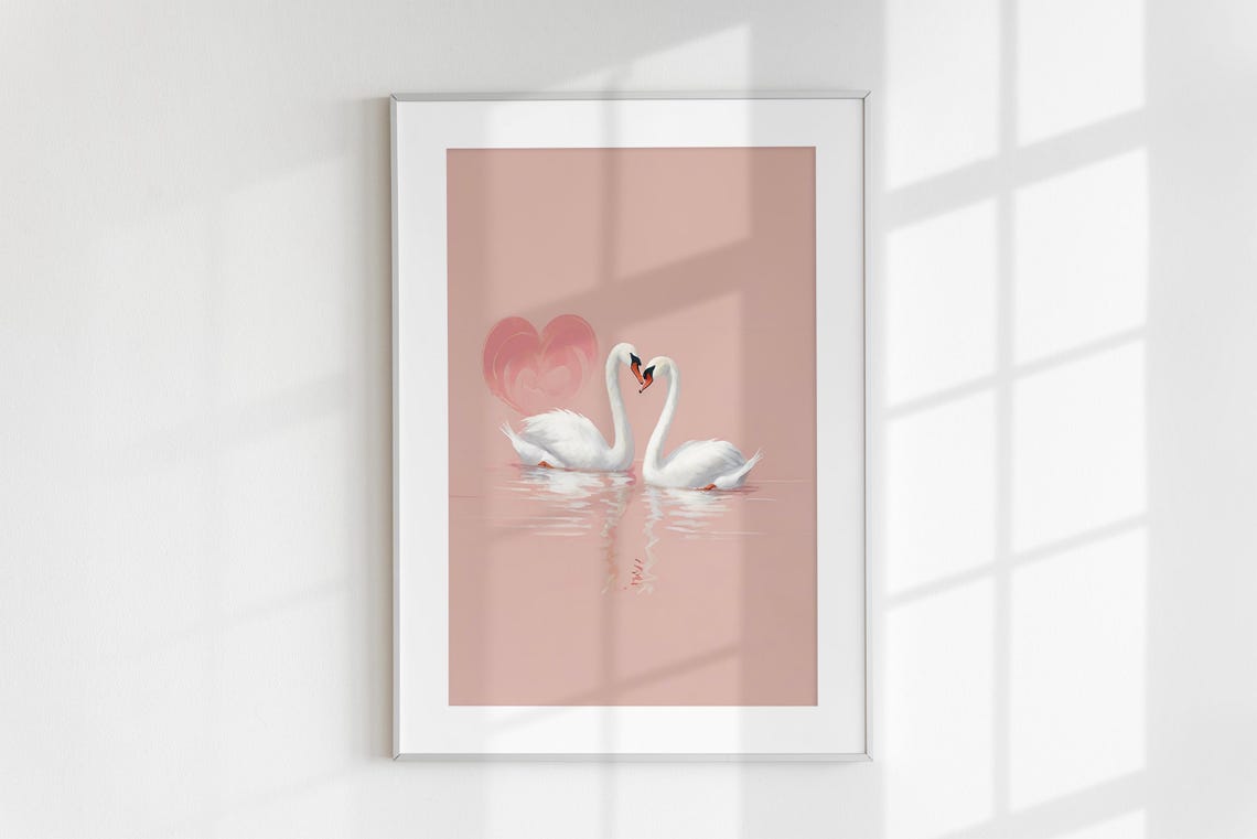 Swan Couple Heart Necks Pink Water Romantic Love Illustration Poster - Image 6