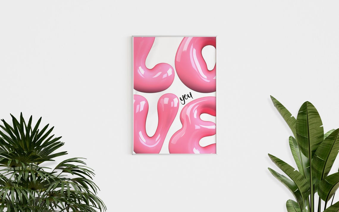 Pink 3D Bubble Letter Love You Sign Girly Dorm Room Wall Art Poster - Image 2