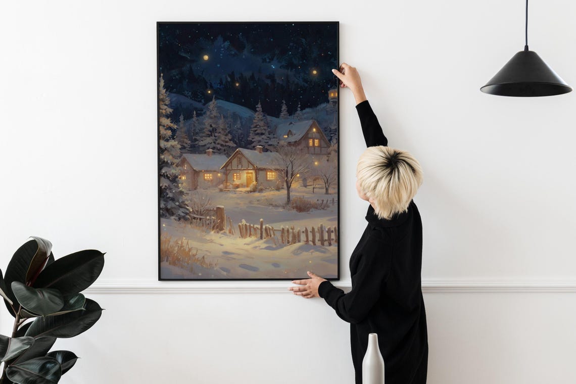 Snowy Village at Night with Glowing Windows and Starry Sky Poster - Image 2