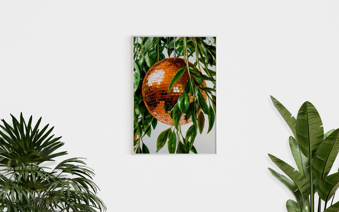 Orange Disco Ball Mirror Ball Green Leaves Retro Party Wall Art - Image 3