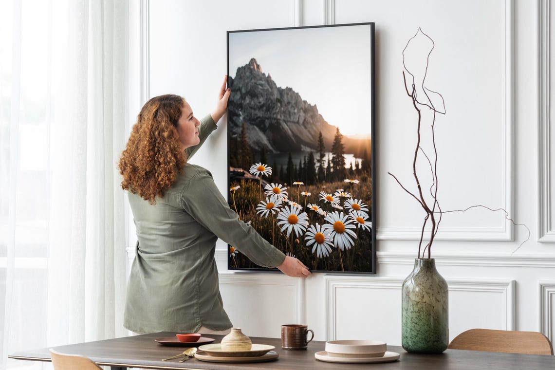 Sunset Daisy Wildflowers Field Alpine Mountain Lake Golden Poster - Image 4
