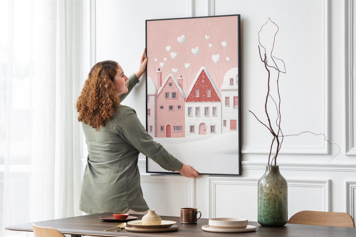 Pink Valentine Village with Heart Balloons Snowy Cute Wall Art Poster - Image 4