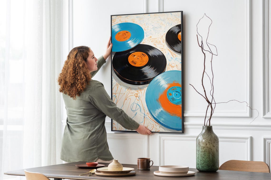 Blue Vinyl Records Painting Retro Music Room Eclectic Wall Art - Image 5
