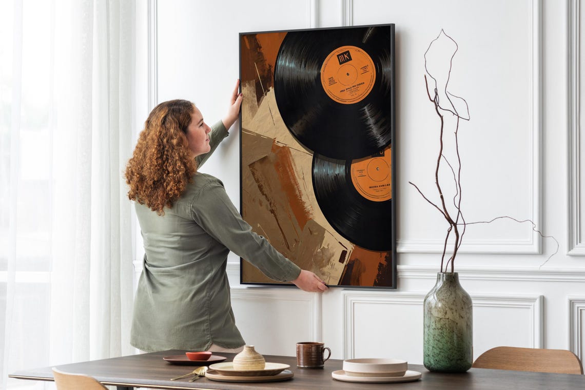 Two Retro Vinyl Records with Orange Labels on Abstract Wall Art Print - Image 5
