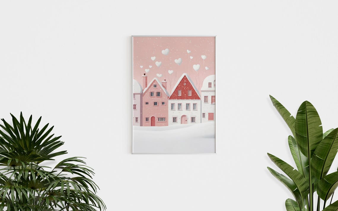 Pink Valentine Village with Heart Balloons Snowy Cute Wall Art Poster - Image 2