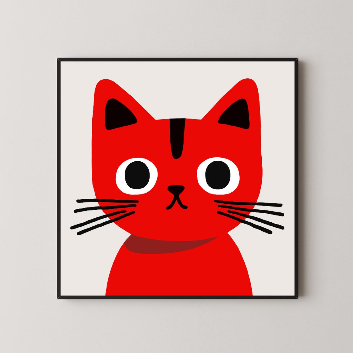 Bold Red Cat Face Minimalist Geometric Nordic Kitchen Wall Art Poster