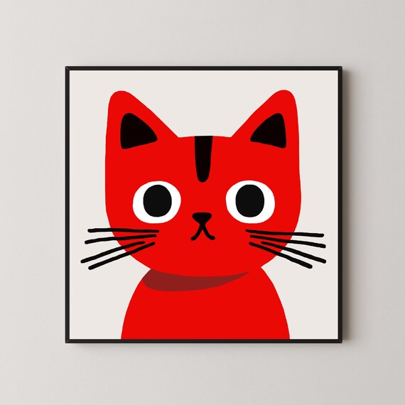 Bold Red Cat Face Minimalist Geometric Nordic Kitchen Wall Art Poster