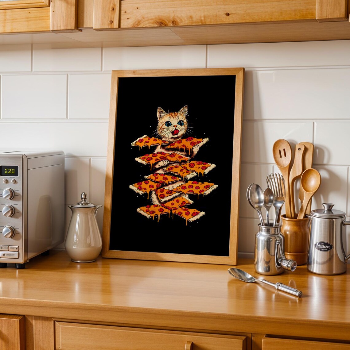 Happy Kitten Stacked Pepperoni Pizza Slices Retro Kitchen Wall Art Print - Image 4