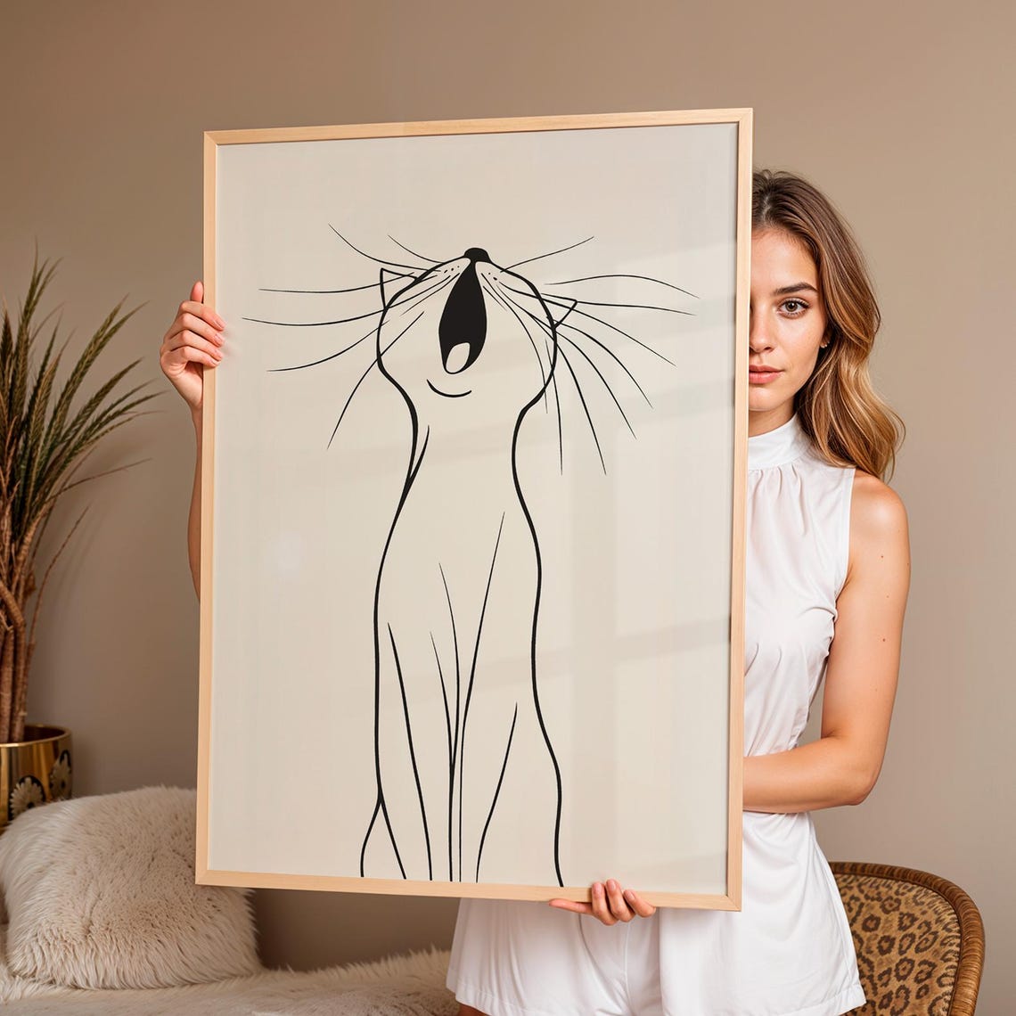 Minimal Line Art Cat Yawning Cream Background Modern Wall Art Poster - Image 3