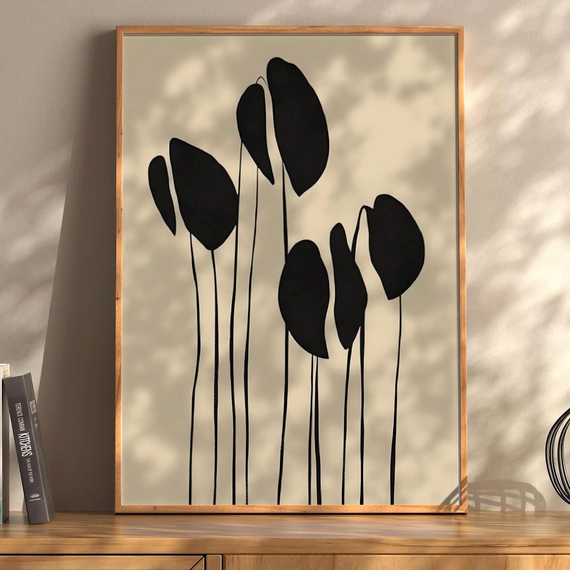 Black Leaf Silhouette Botanical Minimalist Beige Wall Poster