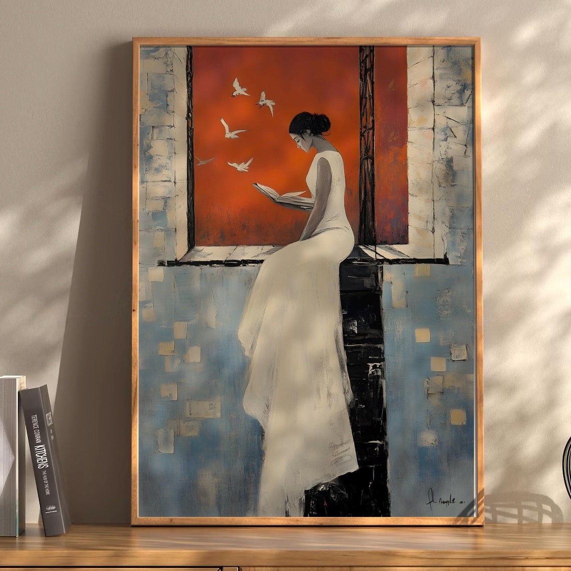 Woman In White Dress Reading Book By Red Sky Window Birds Poster