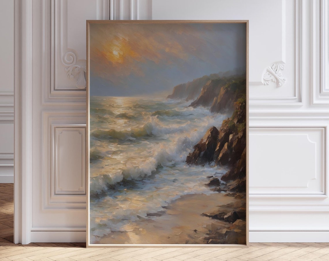 Moody Coastal Cliffs Dramatic Golden Sunset Seascape Art Poster