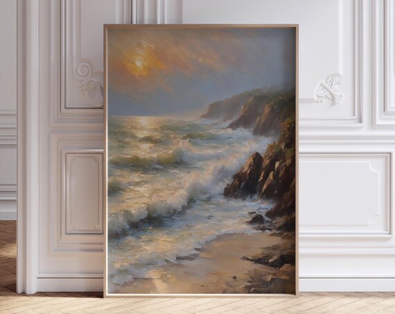 Moody Coastal Cliffs Dramatic Golden Sunset Seascape Art Poster