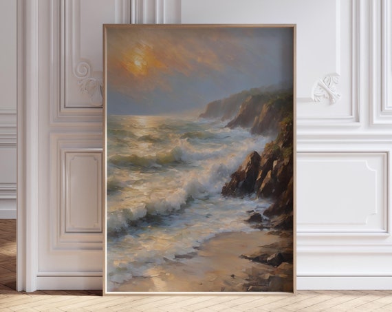 Moody Coastal Print Neutral Beach Wall Art Soft Coastal Landscape Muted Ocean Waves Oil Painting Vintage Coastal Print