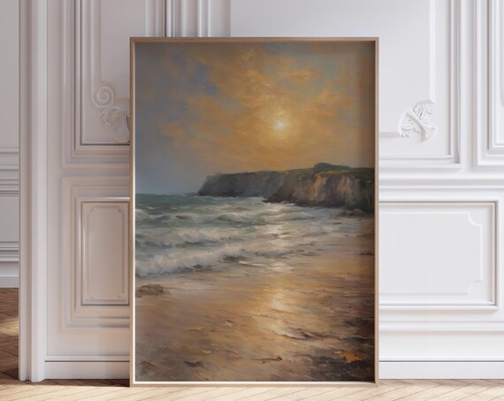 Vintage Golden Coastal Sunset Waves On Rocky Shore Art Poster