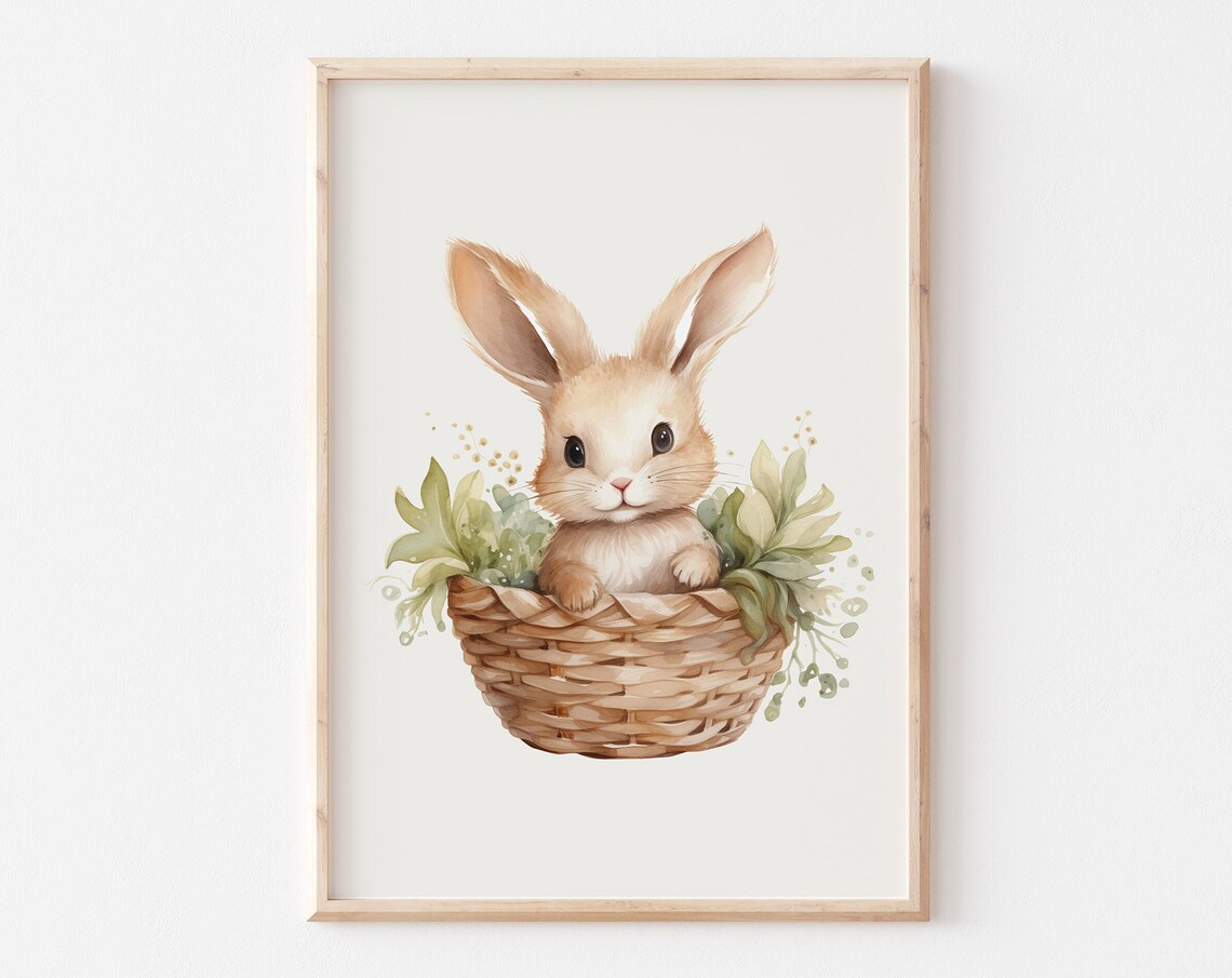 Baby Bunny Peeking From Wicker Basket With Greenery Watercolor Poster