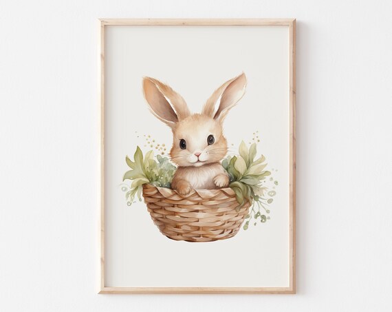 Baby Bunny Peeking From Wicker Basket With Greenery Watercolor Poster