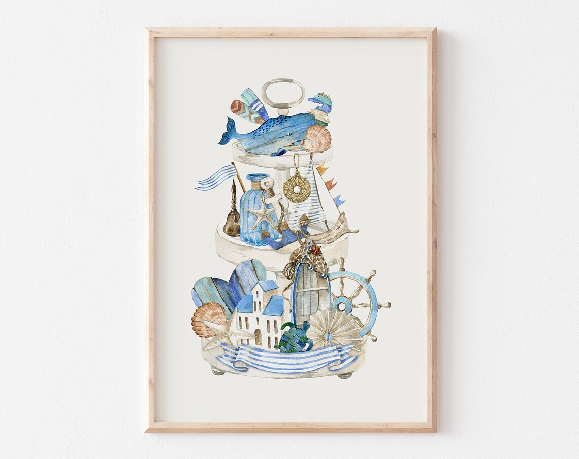 Nautical Tiered Tray Whale Sailboat Seashells Coastal Poster
