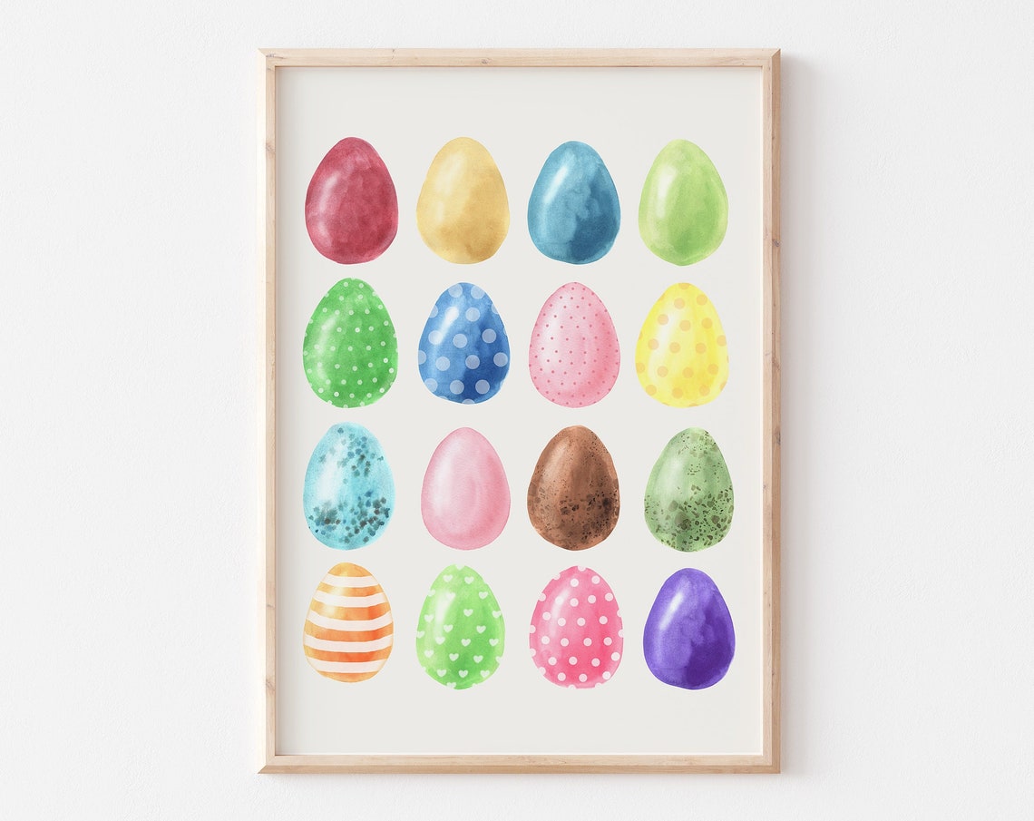 Sixteen Colorful Watercolor Easter Eggs Grid Pattern Spring Poster