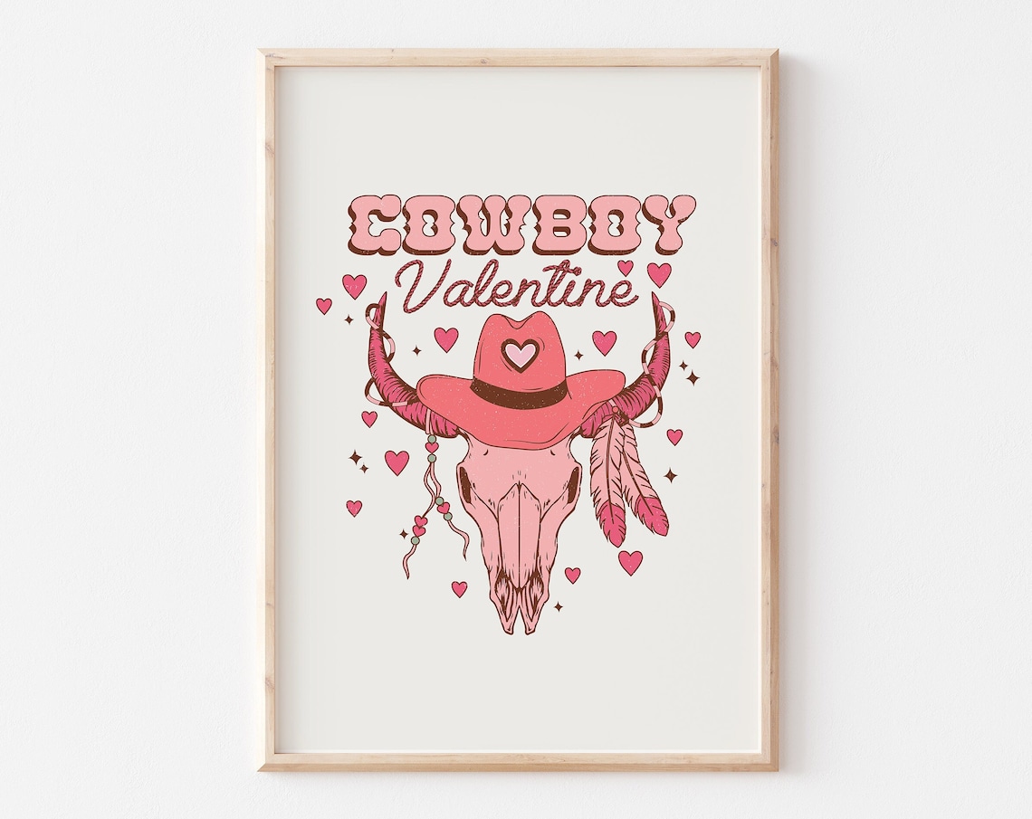 Cowboy Valentine Pink Steer Skull Western Hat Cowgirl Decor Poster