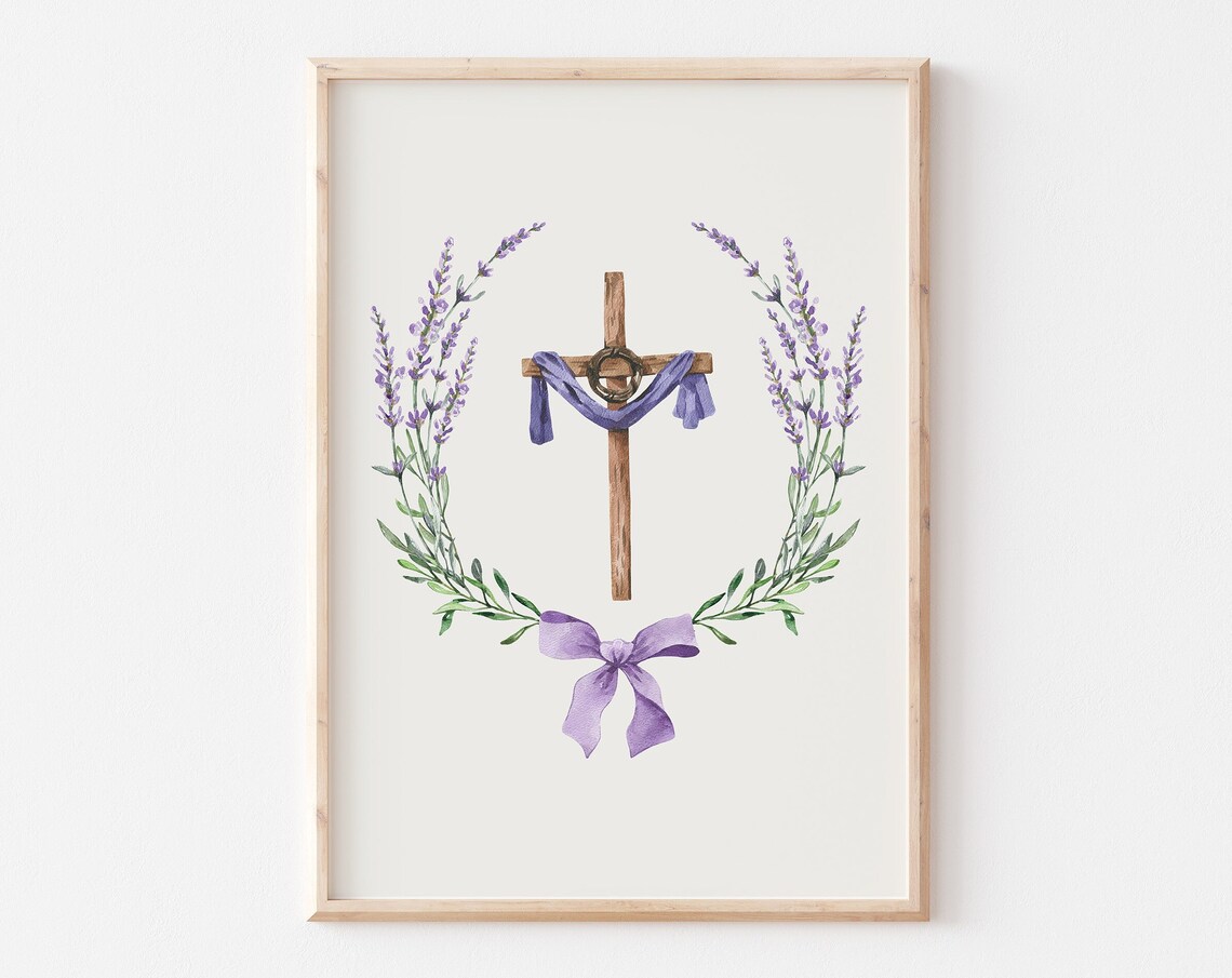 Wooden Cross With Lavender Wreath Purple Christian Easter Poster