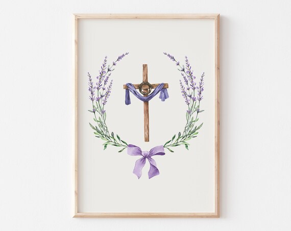 Wooden Cross With Lavender Wreath Purple Christian Easter Poster