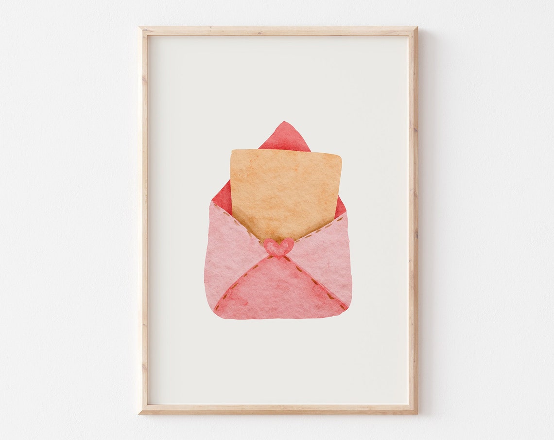 Pink Watercolor Love Letter Envelope Minimalist Valentine Art Poster