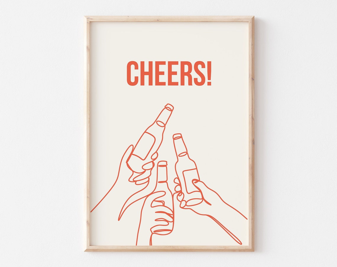 Cheers Beer Bottles Clinking Hands Orange Line Art Modern Bar Poster - Image 5