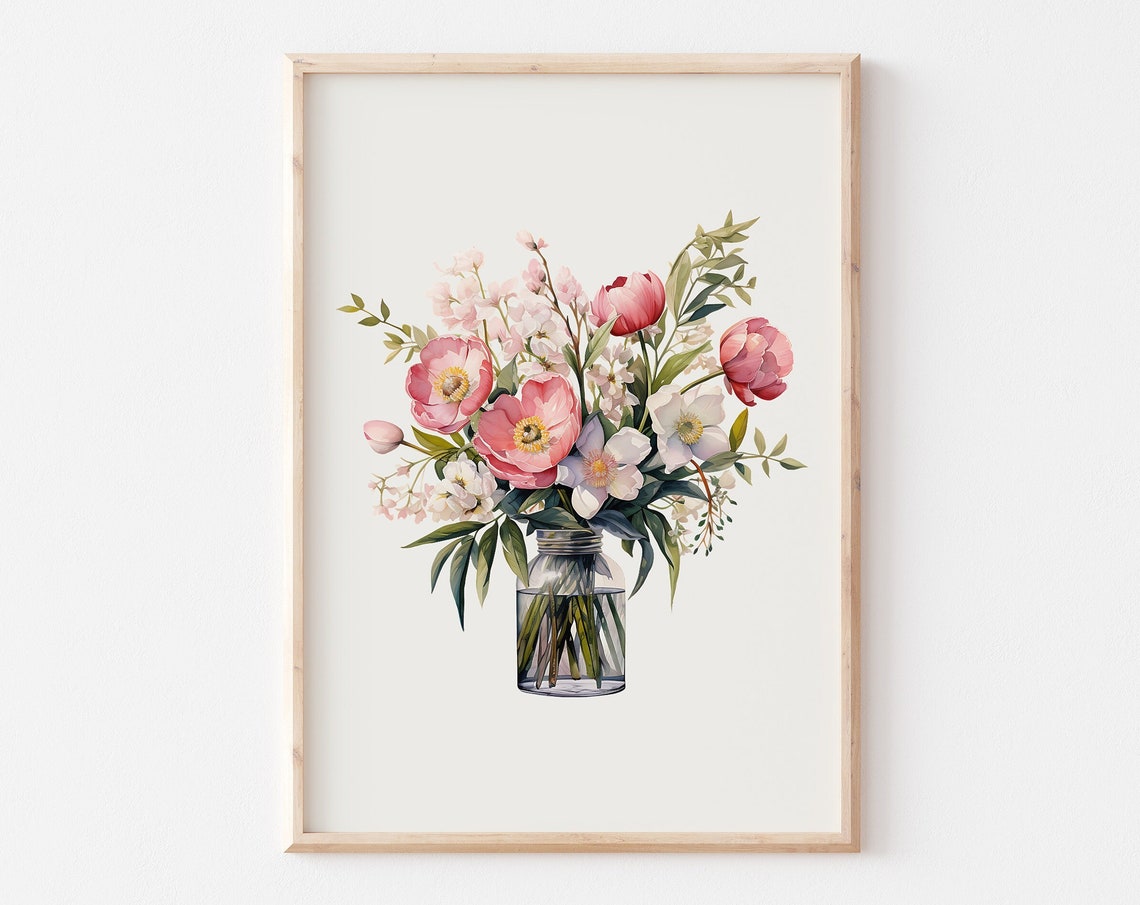 Pink Peonies and White Blossoms in a Glass Jar Watercolor Poster
