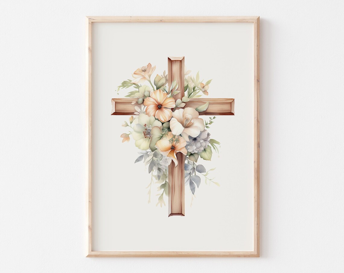 Watercolor Floral Wooden Cross Christian Easter Home Decor Art Print