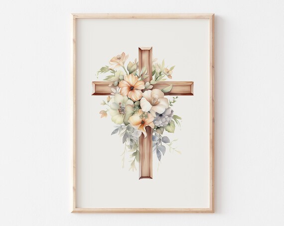 Watercolor Floral Wooden Cross Christian Easter Home Decor Art Print