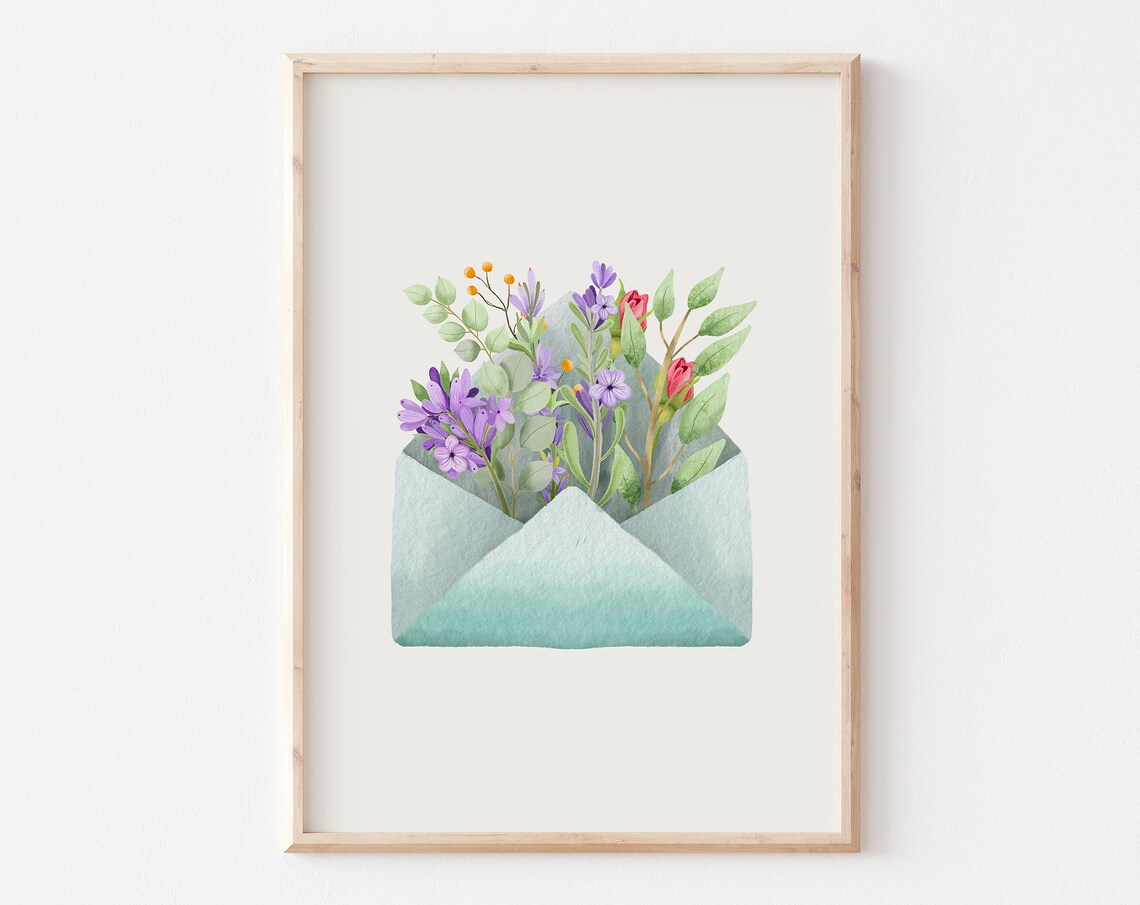 Purple Wildflowers Peeking from a Green Envelope Watercolor Poster