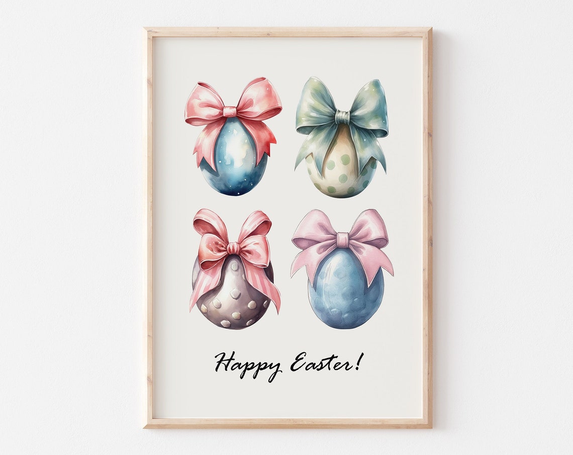 Happy Easter Watercolor Eggs With Satin Bows Coquette Poster