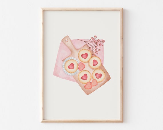 Pink Valentine Cookie Watercolor Print, Minimalist Decor